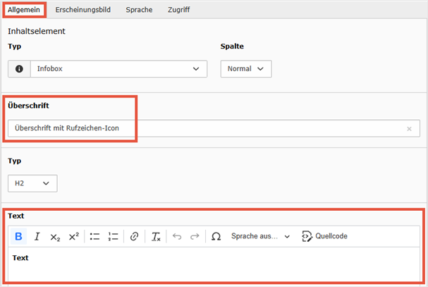 TYPO3-Backend: Eingabemaske für ein Inhaltselement vom Typ „Infobox“ im Reiter „Allgemein“ mit Feldern für Überschrift, Typ (z. B. H2) und Text.
