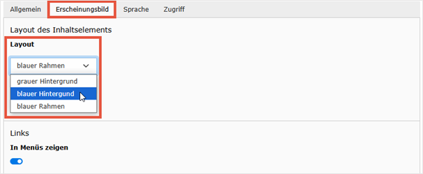 TYPO3-Backend: Reiter „Erscheinungsbild“ eines Inhaltselements mit Auswahlfeld für Layoutoptionen wie „grauer Hintergrund“ oder „blauer Hintergrund“.